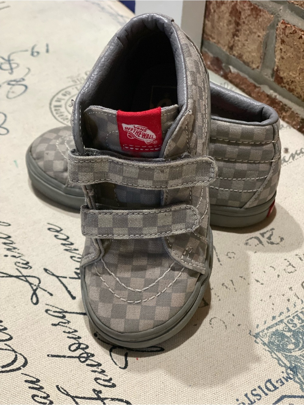 Vans Kids Grey Checkerboard Velcro Sneakers with Red Logo Tab